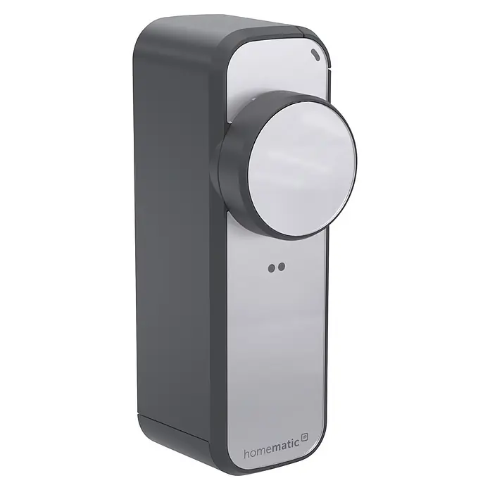 Smartes Türschloss HmIP-DLP-AS - Kunststoff, Anthrazit-Silber - Dunkelgrauer Smart-Home-Thermostat mit hellgrauer Frontplatte, weißem Drehregler und 'homematic IP' Branding.