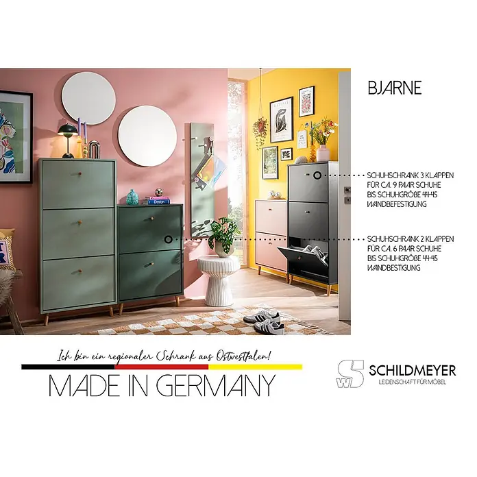 Schildmeyer Bjarne Schuhschrank - L x B x H: 19,5 x 59,8 x 131 cm, Anthrazit, Anzahl Fächer: 3 Stk. - BJARNE Schuhschränke mit Klappen, Holzbeinen und Knaufgriffen, in Grün, Grau und Pink, in einem modernen Interieur.