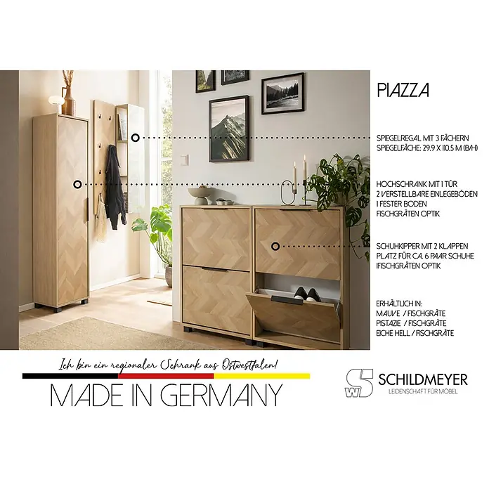Schildmeyer Piazza Schuhschrank - L x B x H: 19,5 x 59,8 x 85,7 cm, Eiche, Anzahl Fächer: 2 Stk. - Modernes Flurmöbelset aus hellem Holz in Fischgrätenoptik, bestehend aus Hochschrank, Spiegelsystem mit Garderobe und zwei Schuhkippern.