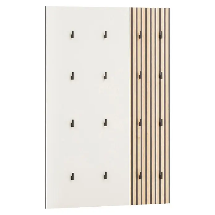 Schildmeyer Alexa Garderobenpaneel - L x B x H: 2,5 x 73,5 x 109 cm, Cremebeige - Wandgarderobe: weißes Paneel und Holzoptik-Lamellenpaneel, beide mit schwarzen Haken.