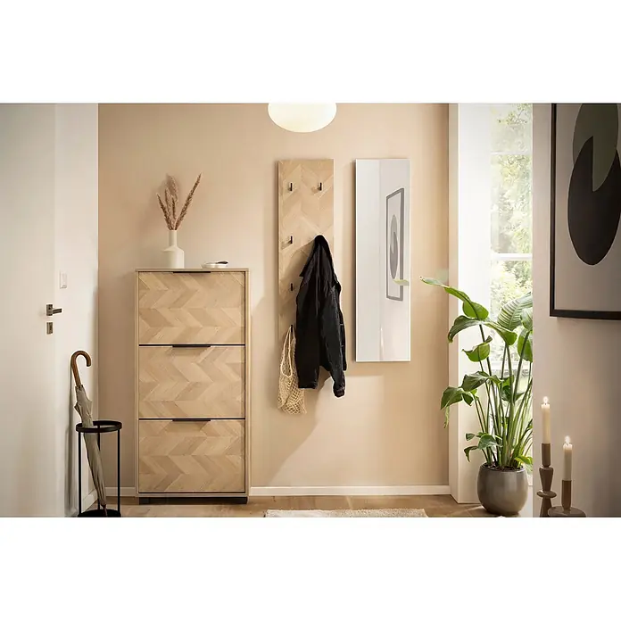 Schildmeyer Piazza Schuhschrank - L x B x H: 19,5 x 59,8 x 124,5 cm, Eiche, Anzahl Fächer: 2 Stk. - Heller Holzschuhschrank mit drei Schubladen und Fischgrätmuster-Fronten, schwarzen Griffen.