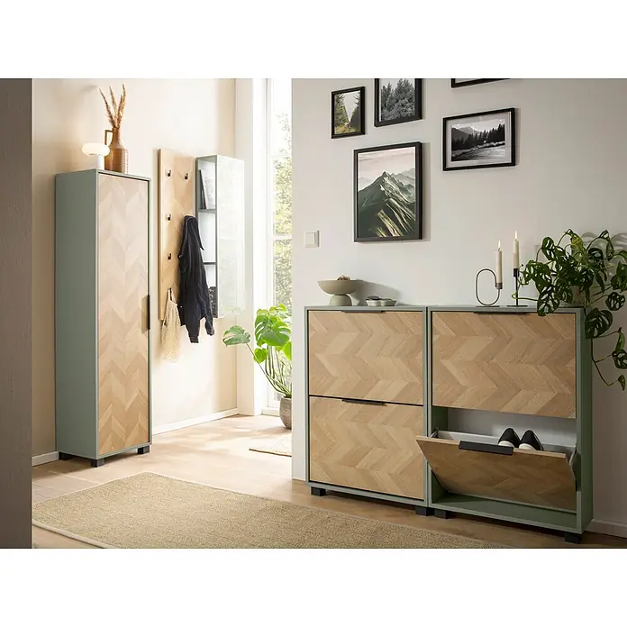 Schildmeyer Piazza Schuhschrank - L x B x H: 19,5 x 59,8 x 85,7 cm, Pistazie, Anzahl Fächer: 2 Stk. - Moderne Garderobenmöbel mit Fischgrätmuster aus Holz und salbeigrünen Rahmen, bestehend aus einem Kleiderschrank, einer Garderobe und Schuhschränken im Flur.