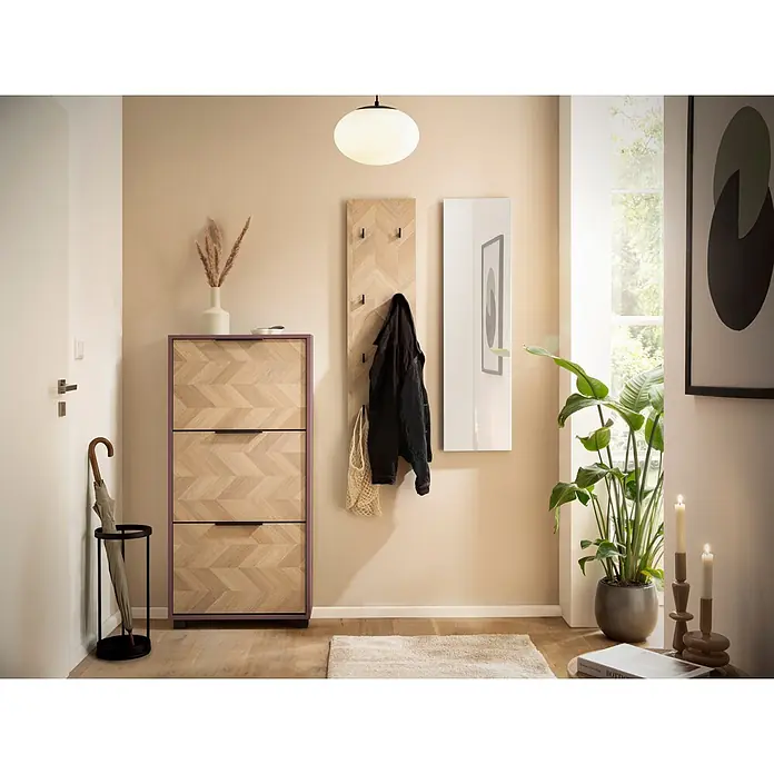 Schildmeyer Piazza Schuhschrank - L x B x H: 19,5 x 59,8 x 124,5 cm, Mauve, Anzahl Fächer: 3 Stk. - Hoher Schuhschrank, hellem Holz-Fischgrätmuster, lila Rahmen.