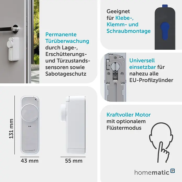 Smartes Türschloss HmIP-DLP-WS - Kunststoff, Weiß-Silber - Weißer smarter Türschlossantrieb mit Abmessungen und Funktionsdetails wie Türüberwachung, universeller Einsetzbarkeit und leisem Motor.