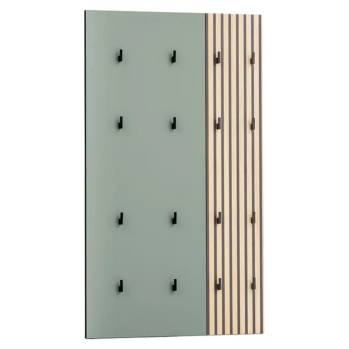 Schildmeyer Alexa Garderobenpaneel - L x B x H: 2,5 x 73,5 x 109 cm, Pistazie - Wandgarderobe mit hellgrüner Platte und Lamellenbereich aus hellem Holz, beide mit schwarzen Haken.