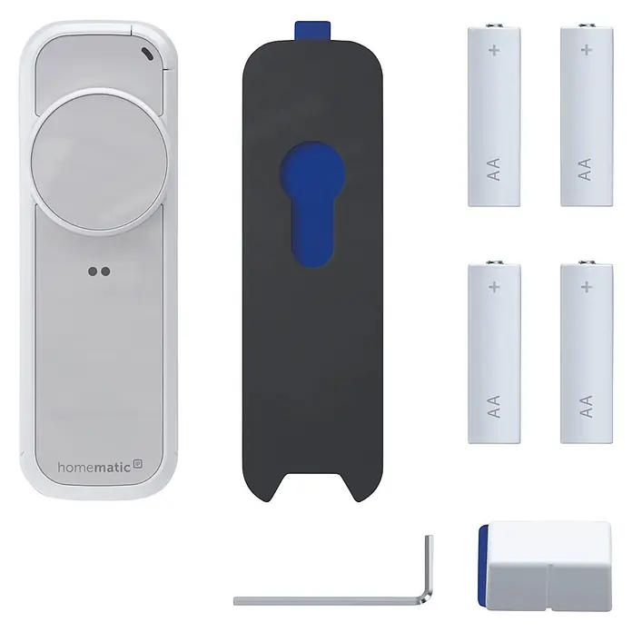 Smartes Türschloss HmIP-DLP-WS - Kunststoff, Weiß-Silber - Homematic IP Fernbedienung, schwarze Halterung, vier AA-Batterien und L-förmiges Werkzeug. Weiß und Grau. Zur Smart Home Steuerung und Installation.