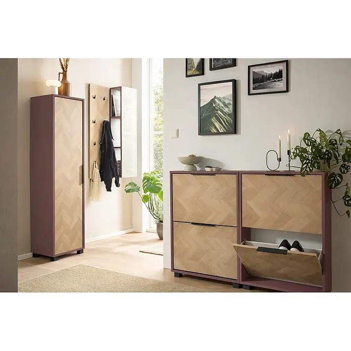 Schildmeyer Piazza Schuhschrank - L x B x H: 19,5 x 59,8 x 85,7 cm, Mauve, Anzahl Fächer: 2 Stk. - Modernes Flurmöbel-Set mit Fischgrät-Holzfronten und lila Rahmen, bestehend aus Hochschrank, Garderobe und Schuhschrank.