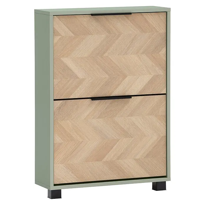 Schildmeyer Piazza Schuhschrank - L x B x H: 19,5 x 59,8 x 85,7 cm, Pistazie, Anzahl Fächer: 2 Stk. - Zweitüriger Schuhschrank mit hellen Holztüren im Fischgrätmuster, salbeigrüner Rahmen und schwarzen Griffen und Füßen.