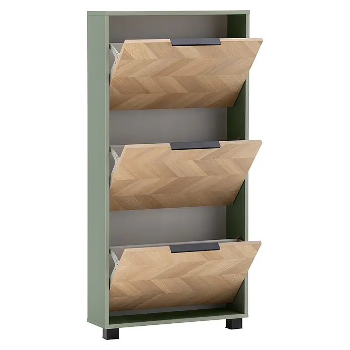 Schildmeyer Piazza Schuhschrank - L x B x H: 19,5 x 59,8 x 124,5 cm, Pistazie, Anzahl Fächer: 3 Stk. - Hellgrüner Schuhschrank mit drei geöffneten Kippfächern aus hellem Holz im Fischgrätmuster und dunklen Griffen.