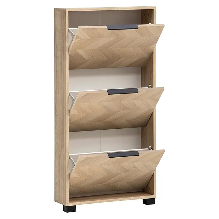 Schildmeyer Piazza Schuhschrank - L x B x H: 19,5 x 59,8 x 124,5 cm, Eiche, Anzahl Fächer: 2 Stk. - Schuhschrank aus hellem Holz mit Fischgrätmuster und drei Kippfächern, mit schwarzen Griffen und Füßen.