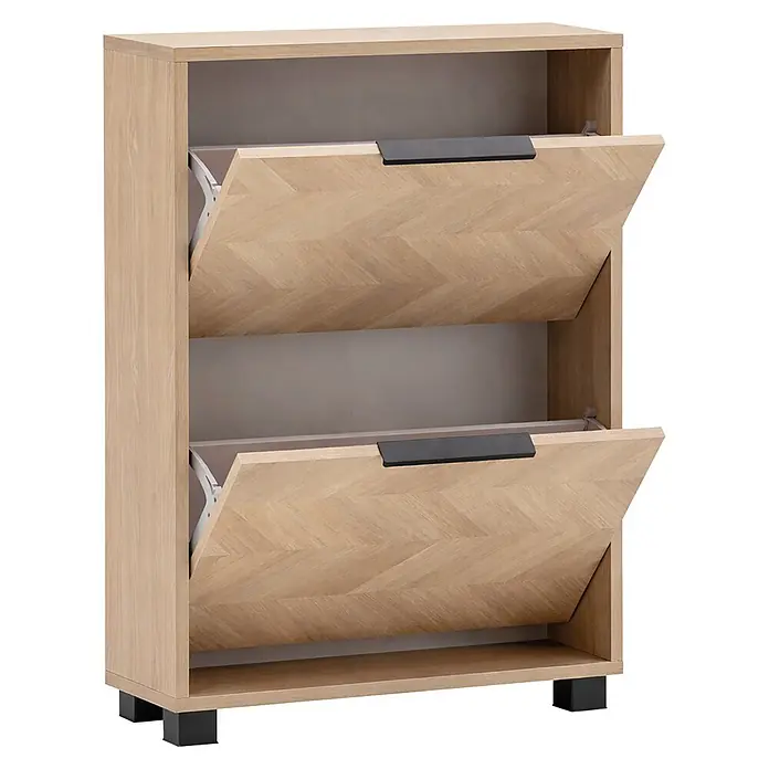 Schildmeyer Piazza Schuhschrank - L x B x H: 19,5 x 59,8 x 85,7 cm, Eiche, Anzahl Fächer: 2 Stk. - Heller Holzschuhschrank mit Fischgrätmuster-Fronten, schwarzen Griffen und zwei Kippfächern zur Schuhaufbewahrung.