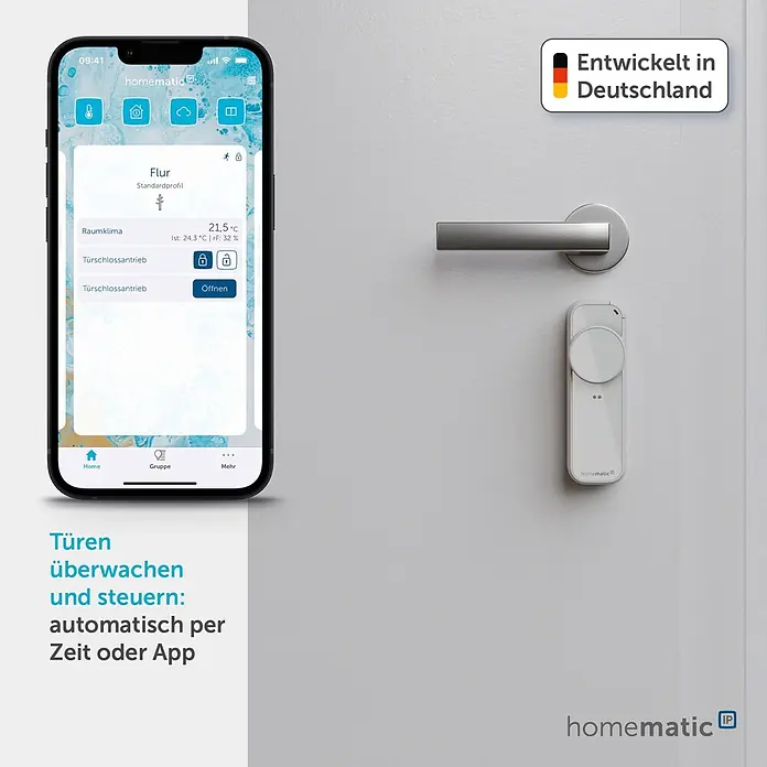 Smartes Türschloss HmIP-DLP-WS - Kunststoff, Weiß-Silber - Smartphone-App zeigt Türsteuerung für ein weißes smartes Türschloss. Automatisches Überwachen und Steuern von Türen.