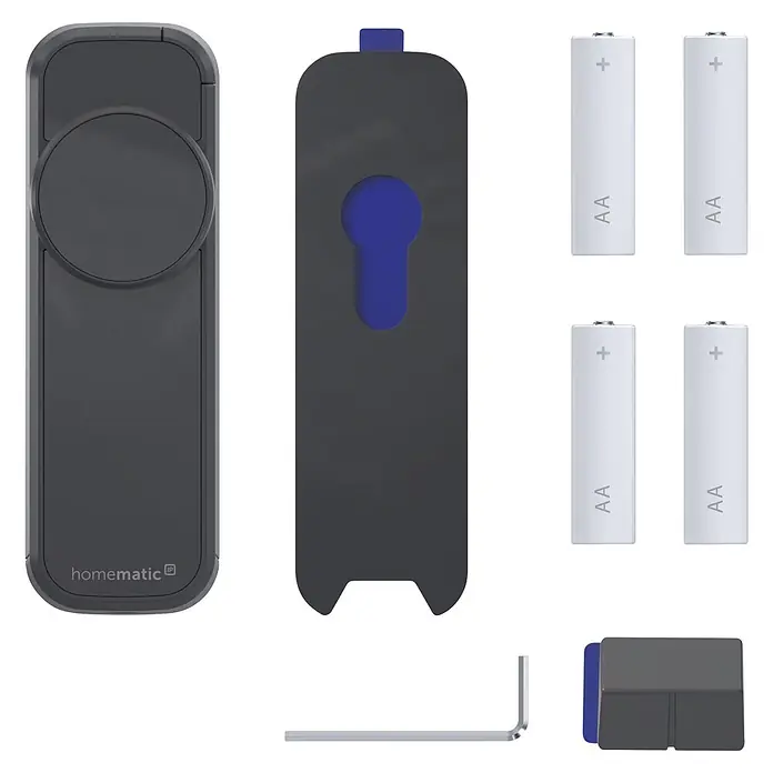 Smartes Türschloss HmIP-DLP-A - Kunststoff, Anthrazit - Dunkelgraue Homematic IP Smart-Türschloss-Komponenten: Vorder- und Rückseiten mit lila Akzenten, vier AA-Batterien und ein silbernes Montagewerkzeug.