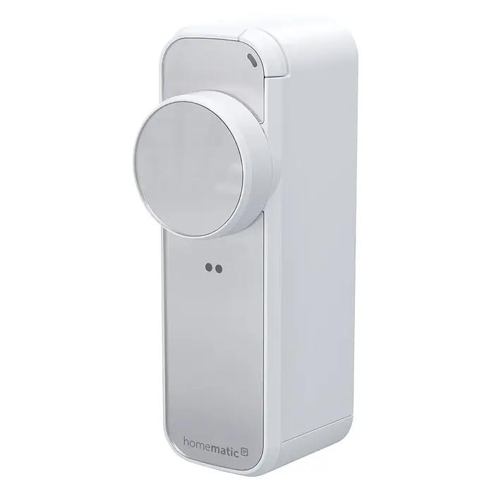 Smartes Türschloss HmIP-DLP-WS - Kunststoff, Weiß-Silber - Weißer Homematic IP smarter Raumthermostat mit kreisförmigem Bedienelement und zwei Anzeigelampen auf seiner glatten Platte.