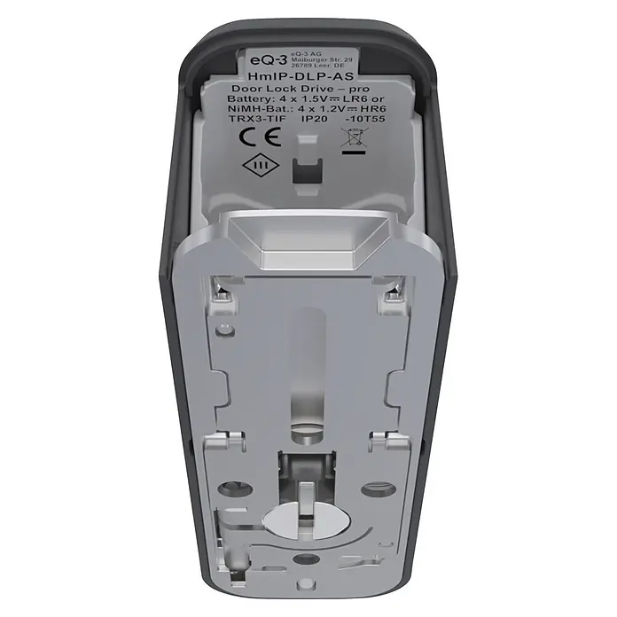 Smartes Türschloss HmIP-DLP-AS - Kunststoff, Anthrazit-Silber - Rückseite eines dunkelgrauen Smart-Türschlossantriebs mit silberner Innenmechanik, Batteriefachdetails und technischem Etikett.