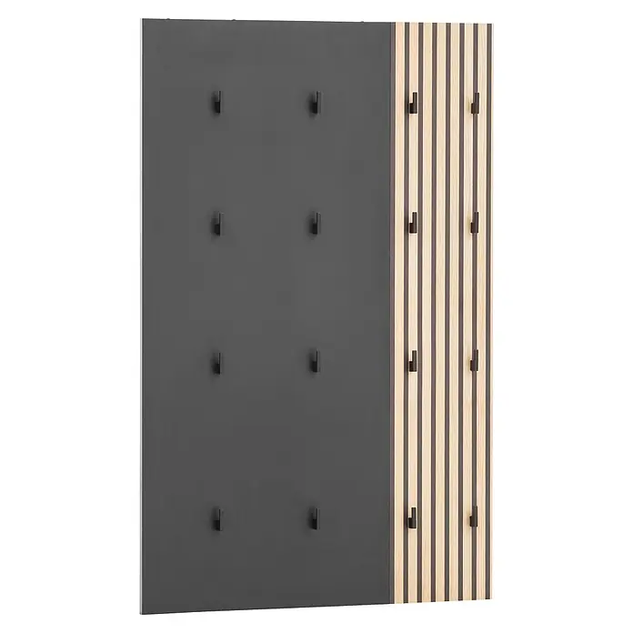 Schildmeyer Alexa Garderobenpaneel - L x B x H: 2,5 x 73,5 x 109 cm, Schwarz - Wandgarderobe mit dunkelgrauem Paneel und heller Holzlamellen-Sektion, versehen mit schwarzen Metallhaken.