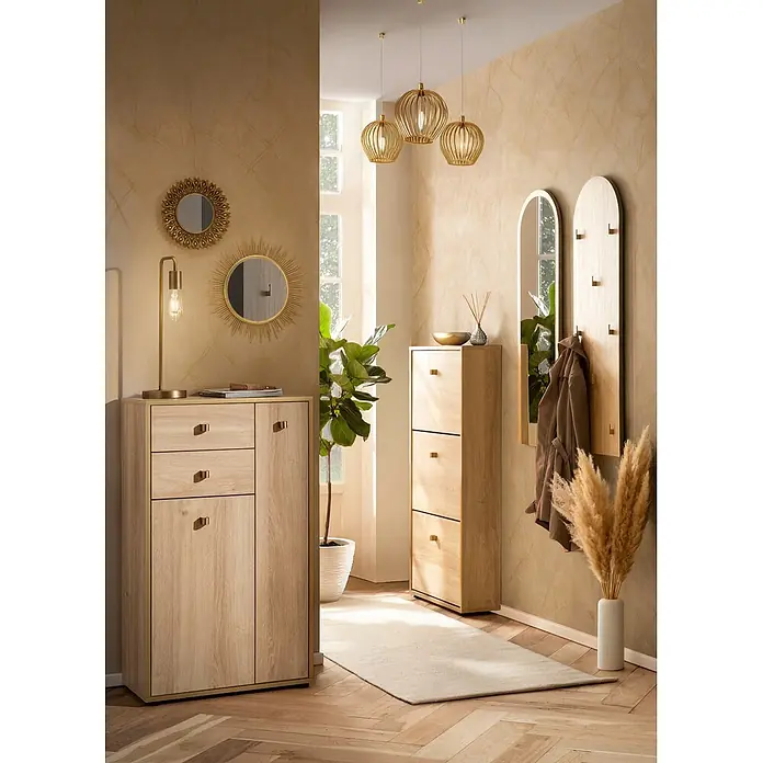 Schildmeyer Highboard - L x B x H: 33 x 60,2 x 104,4 cm, Weißeiche - Modernes Flurmöbelset aus heller Eiche mit goldenen Akzenten: Schuhschrank, Kommode und Garderobe mit Spiegel.