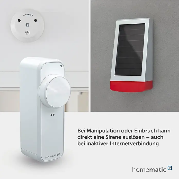 Smartes Türschloss HmIP-DLP - Kunststoff, Weiß - Drei weiße Homematic IP Smart-Home-Sicherheitsgeräte: ein Rauchmelder, ein Raumfühler und eine solarbetriebene Außensirene mit rotem Sockel.