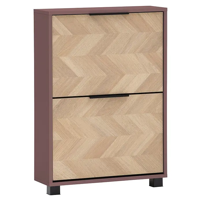 Schildmeyer Piazza Schuhschrank - L x B x H: 19,5 x 59,8 x 85,7 cm, Mauve, Anzahl Fächer: 2 Stk. - Zweitüriger Schuhschrank mit lila-braunem Rahmen, hellen Holztüren mit Fischgrätmuster und schwarzen Griffen. Er steht auf kleinen schwarzen Füßen.
