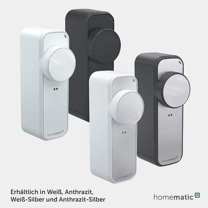 Smartes Türschloss HmIP-DLP-AS - Kunststoff, Anthrazit-Silber - Vier Homematic IP Smart Home Regler in Weiß, Anthrazit, Weiß-Silber und Anthrazit-Silber.