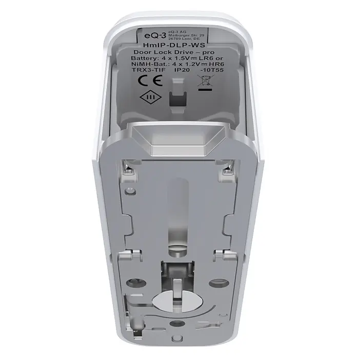 Smartes Türschloss HmIP-DLP-WS - Kunststoff, Weiß-Silber - Weißer Türschlossantrieb, Rückansicht mit Batteriefach und Metallmontagemechanismus.