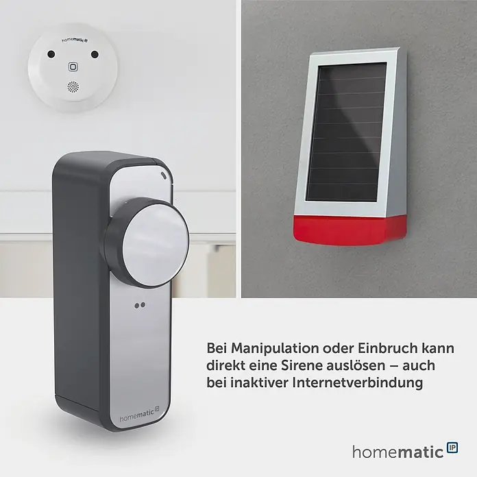 Smartes Türschloss HmIP-DLP-AS - Kunststoff, Anthrazit-Silber - Homematic IP Smart Home Sicherheit: weißer Rauchmelder, dunkelgrauer Bewegungsmelder und weiß-rote Solarsirene.