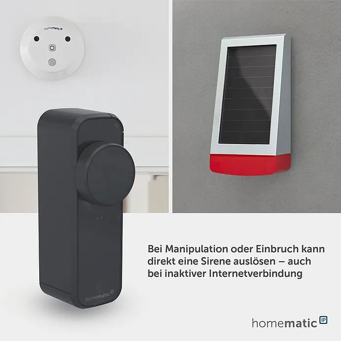 Smartes Türschloss HmIP-DLP-A - Kunststoff, Anthrazit - Homematic IP Smart-Home-Sicherheitssystem mit weißem Innensensor, dunkelgrauem Türsensor/Schloss und solarbetriebener Außensirene.