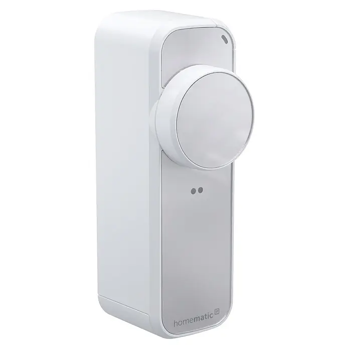 Smartes Türschloss HmIP-DLP-WS - Kunststoff, Weiß-Silber - Ein weißes Homematic IP Smart-Home-Gerät aus Kunststoff, möglicherweise ein Thermostat, mit einem großen runden Drehregler auf der Vorderseite.