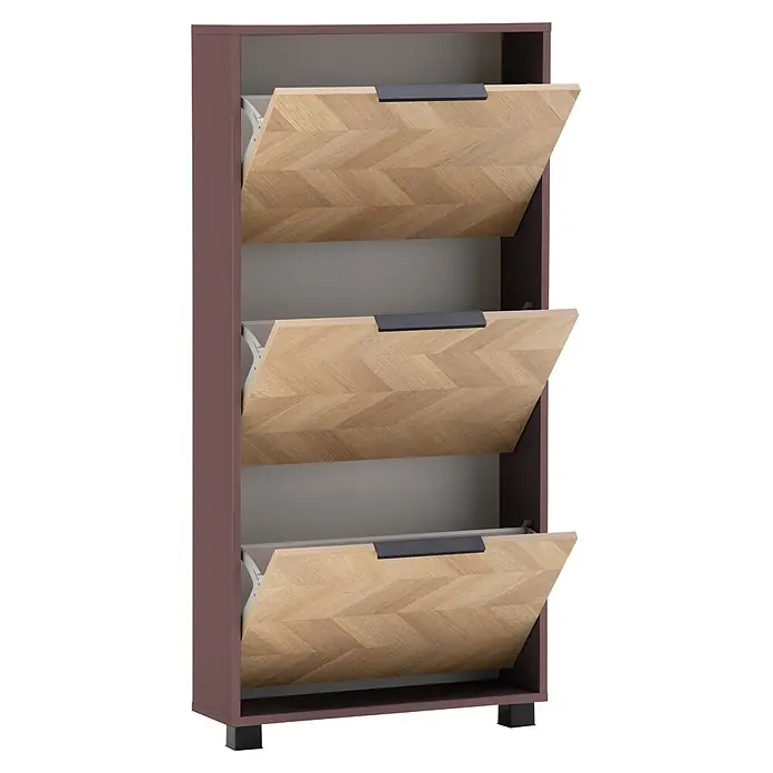Schildmeyer Piazza Schuhschrank - L x B x H: 19,5 x 59,8 x 124,5 cm, Mauve, Anzahl Fächer: 3 Stk. - Dreistufiger Schuhschrank mit dunkelrotbraunem Rahmen und hellen Holzschubladen mit Fischgrätmuster zum Kippen.