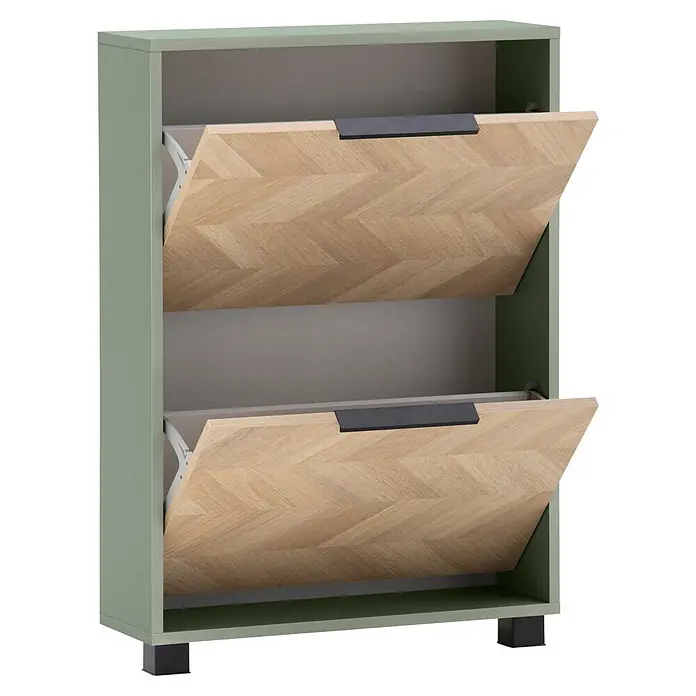 Schildmeyer Piazza Schuhschrank - L x B x H: 19,5 x 59,8 x 85,7 cm, Pistazie, Anzahl Fächer: 2 Stk. - Salbeigrüner Schuhschrank mit zwei geöffneten hellen Holztüren mit Fischgrätmuster und schwarzen Griffen.
