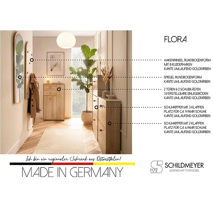 Schildmeyer Highboard - L x B x H: 33 x 60,2 x 104,4 cm, Weißeiche - FLORA Flurmöbel aus hellem Holz mit Goldakzenten: Spiegel, Garderobe, Kommode mit Schubladen und Schuhschränke für ordentliche Aufbewahrung.