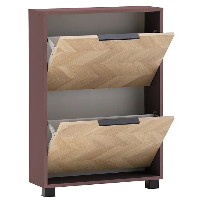 Schildmeyer Piazza Schuhschrank - L x B x H: 19,5 x 59,8 x 85,7 cm, Mauve, Anzahl Fächer: 2 Stk. - Dunkelbrauner Schuhschrank mit zwei offenen Fächern, hellen Holzfronten im Fischgrätmuster und dunklen Griffen.