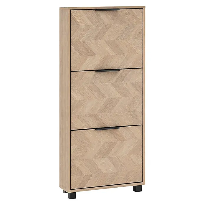 Schildmeyer Piazza Schuhschrank - L x B x H: 19,5 x 59,8 x 124,5 cm, Eiche, Anzahl Fächer: 2 Stk. - Schuhschrank aus hellem Holz mit drei Schubladen im Fischgrätmuster, schwarzen Griffen und Füßen.