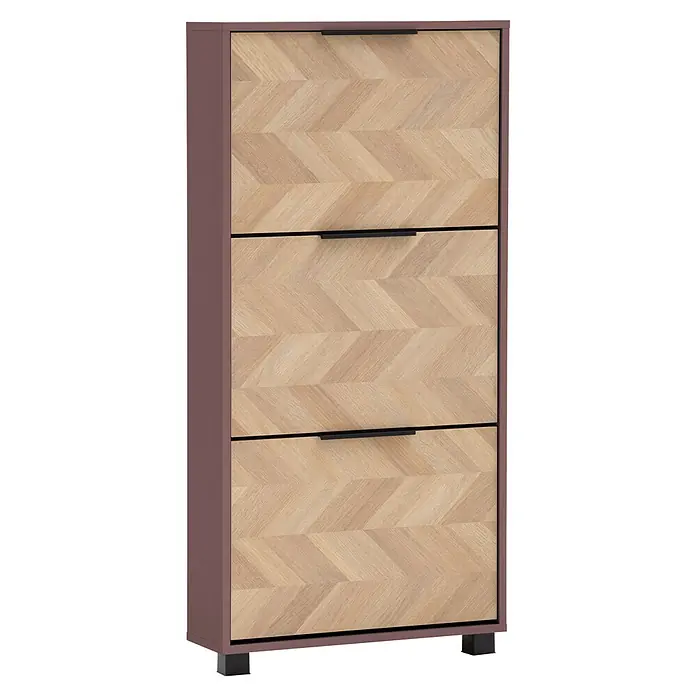 Schildmeyer Piazza Schuhschrank - L x B x H: 19,5 x 59,8 x 124,5 cm, Mauve, Anzahl Fächer: 3 Stk. - Hoher brauner Schrank mit drei hellen Holztüren im Fischgrätmuster, schwarzen Griffen und Füßen.