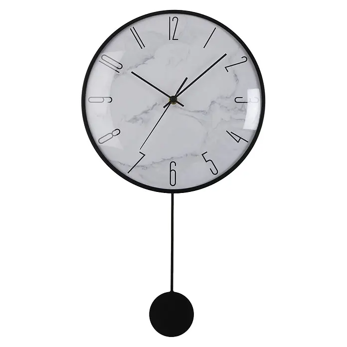 Versa Reloj de pared con péndulo - Diámetro: 29 cm, Negro, Clásico - Reloj de pared de péndulo moderno con esfera de mármol blanco, marco, números, manecillas y péndulo negros.