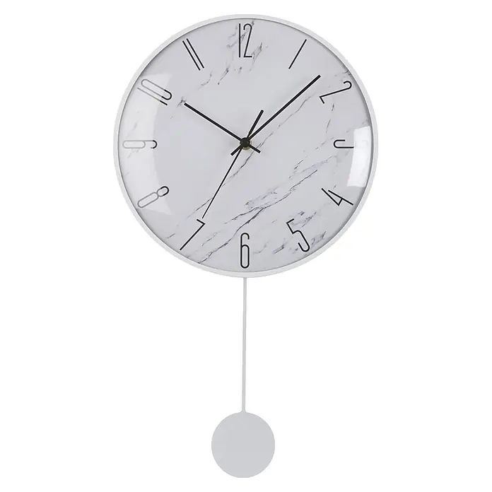 Versa Reloj de pared con péndulo - Diámetro: 29 cm, Blanco, Clásico - Reloj de pared de péndulo blanco con esfera de mármol y números y manecillas negras.