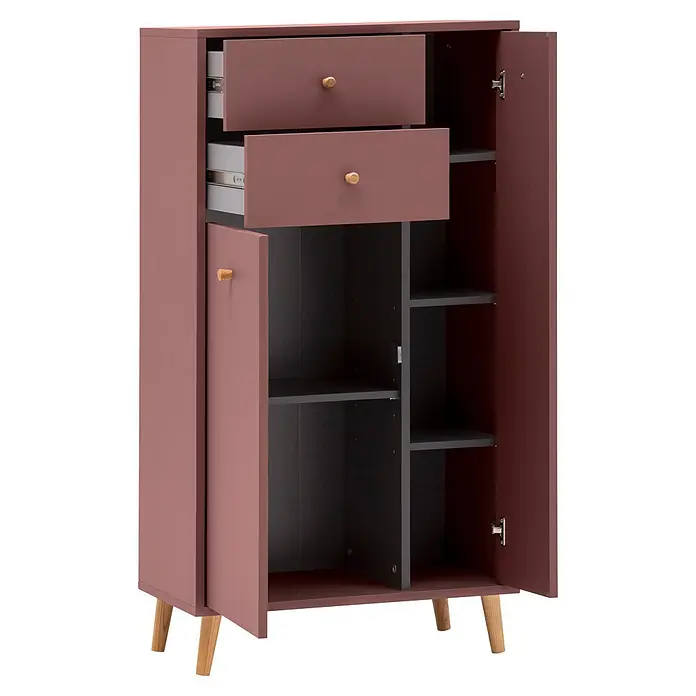 Schildmeyer Bjarne Highboard - L x B x H: 33,05 x 60,2 x 103,4 cm, Mauve - Rosa-mauve Schrank mit Holzbeinen, offenen Schubladen und Fächern.