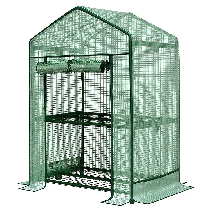 Floordirekt Folien-Gewächshaus Bloom - 49 x 69 x 93 cm, 2 Etagen, aufrollbare Tür mit Reißverschluss - Mini-Gewächshaus mit grünem Metallrahmen, transparenter Gitterabdeckung und Regalböden.