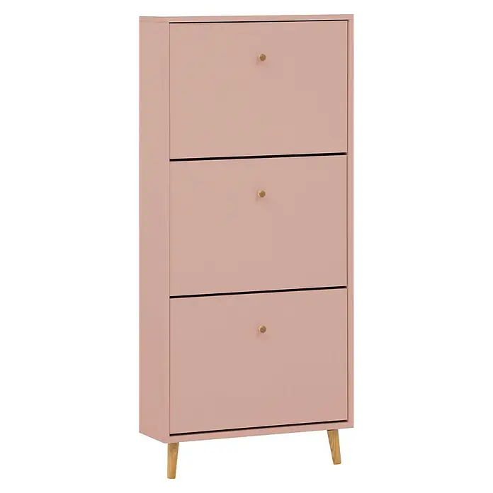 Schildmeyer Bjarne Schuhschrank - L x B x H: 19,5 x 59,8 x 131 cm, Apricot, Anzahl Fächer: 3 Stk. - Rosafarbener Schuhschrank mit drei Kippfächern und kleinen messingfarbenen Knöpfen, auf Holzbeinen.