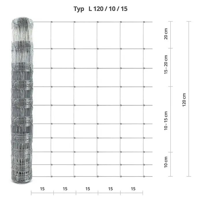Floordirekt Maschendrahtzaun Wildzaun - 50 x 1,2 m, Grau - Aufgerollter silberner Drahtgitterzaun mit Maßangaben.