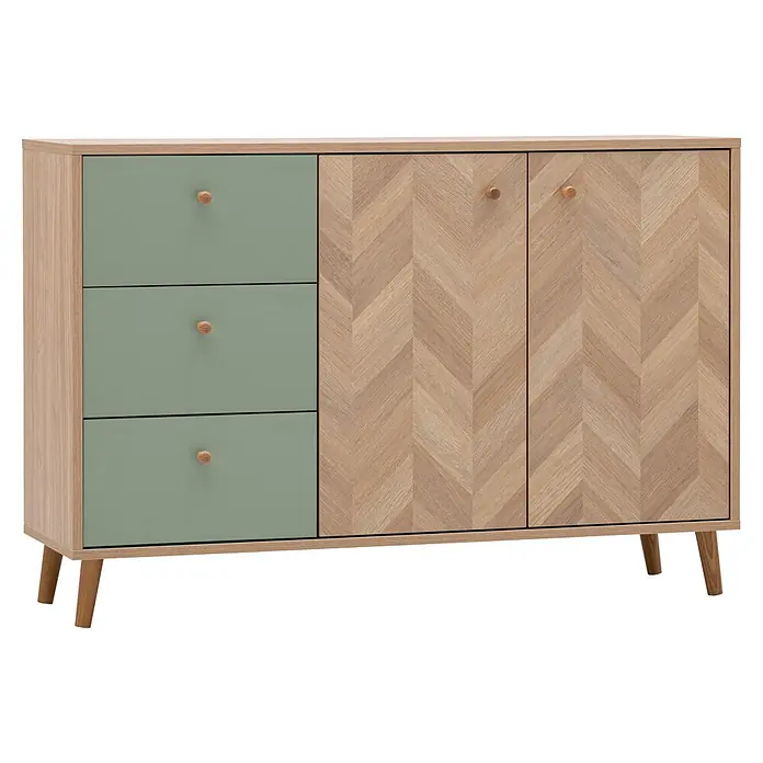 Schildmeyer Visby Sideboard - L x B x H: 33 x 109 x 73,9 cm, Pistazie, Anzahl Schubladen: 3 Stk., Anzahl Türen: 2 Stk. - Helles Holz-Sideboard mit Fischgrät-Türen und drei salbeigrünen Schubladen, mit runden Holzknöpfen, auf Holzbeinen.
