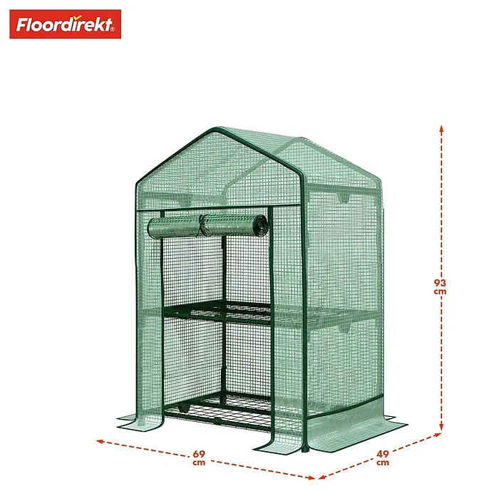 Floordirekt Folien-Gewächshaus Bloom - 49 x 69 x 93 cm, 2 Etagen, aufrollbare Tür mit Reißverschluss - Kompaktes grünes Mini-Gewächshaus mit transparenter Netzabdeckung, Metallrahmen und zwei Ablagen, geeignet für kleine Pflanzen. Maße: 93x69x49 cm.