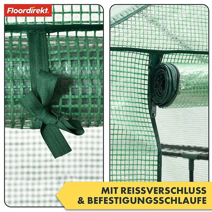 Floordirekt Folien-Gewächshaus Bloom - 49 x 69 x 127 cm, 3 Etagen, aufrollbare Tür mit Reißverschluss - Grüne, verstärkte Gewächshausfolie mit Befestigungsschlaufe und Reißverschluss für einfachen Zugang.