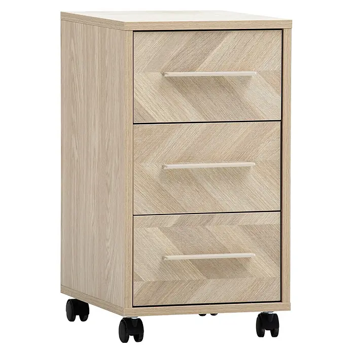 Schildmeyer Arezzo Rollcontainer - L x B x H: 39,1 x 32,6 x 59,7 cm, Eiche/Fischgräten, Anzahl Schubladen: 3 Stk. - Heller Aktenschrank auf Rollen mit 3 Schubladen in Holzoptik und Fischgrätmuster, hellen Griffen.