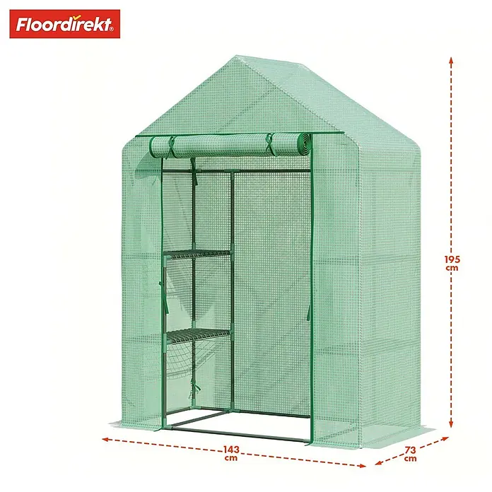 Floordirekt Gewächshaus Harrest - Außenmaß inkl. Dachüberstand (B x T): 143 x 73 cm, Material Seitenwand: Kunststoff - Grünes, lichtdurchlässiges begehbares Gewächshaus mit Regalen und aufgerolltem Fronteingang.