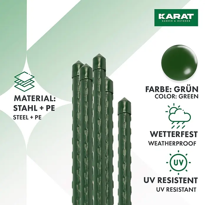 Pflanzstab Leah - Ø x H: 1,1 x 60 cm, Stahl, 10 Stk. - Grüne Gartenpfähle aus Stahl und PE.