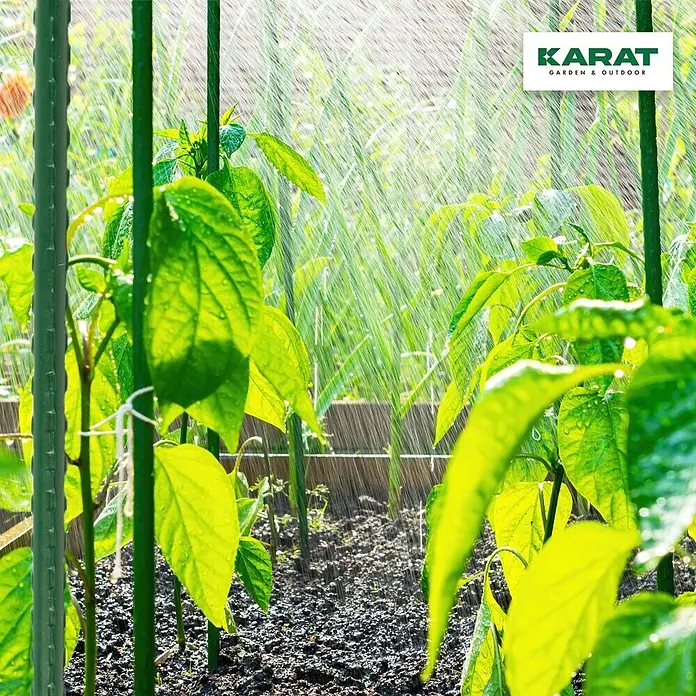 Pflanzstab Leah - Ø x H: 1,1 x 60 cm, Stahl, 10 Stk. - Grüne Gartenstäbe stützen Pflanzen, die in einem Beet gegossen werden.