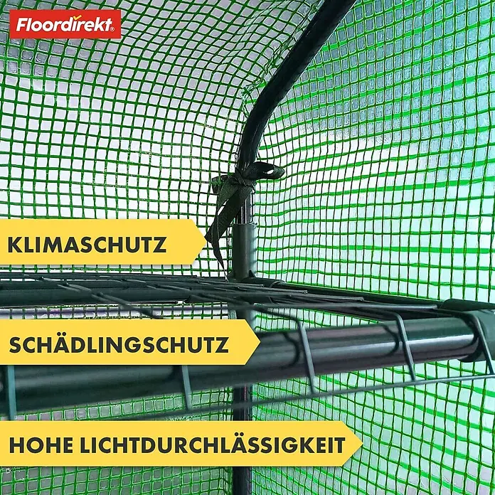 Floordirekt Folien-Gewächshaus Bloom - 49 x 69 x 127 cm, 3 Etagen, aufrollbare Tür mit Reißverschluss - Nahaufnahme eines Gewächshauses mit transparenter grüner Gitterabdeckung und internen Regalen, die Klima-, Schädlingsschutz und hohe Lichtdurchlässigkeit hervorheben.