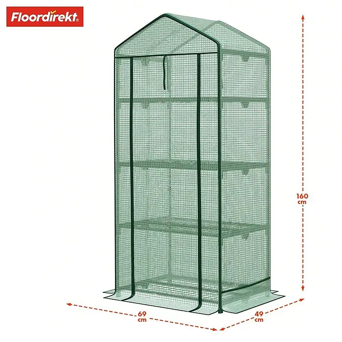 Floordirekt Folien-Gewächshaus Bloom - 49 x 69 x 160 cm, 4 Etagen, aufrollbare Tür mit Reißverschluss - Hohes, schlankes Gewächshaus mit transparenter grüner Netzabdeckung und Metallrahmen, mit mehreren Regalböden für Pflanzen.