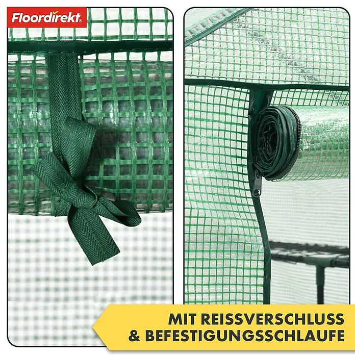 Floordirekt Folien-Gewächshaus Bloom - 49 x 69 x 93 cm, 2 Etagen, aufrollbare Tür mit Reißverschluss - Grüne Gewächshausplane mit Reißverschluss und Befestigungsschlaufe für aufgerollten Eingang.